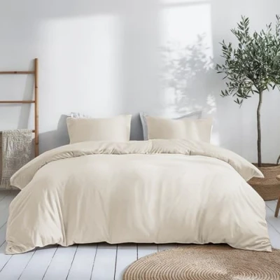 Abbildung von Dreamzie Bettwäsche Set 200x200 Mako Satin Beige Bettbezüge cm mit 2 Kissenbezüge 80x80 Oeko Tex Zertifiziert Baumwolle 3teilig