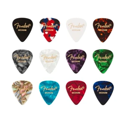 Abbildung von Fender 351 Zelluloid Plektren, Hochwertiges Gitarrenplektren Set in klassischer Form, Perfekt für E Gitarre, Akustikgitarre und Bass, 12er Pack, Medium