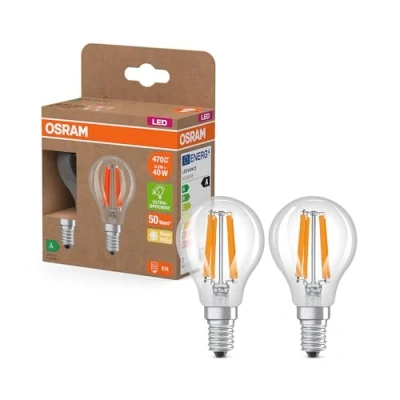 Abbildung von Osram Energy Class LED Lampe in klassischer Miniballform, 2.2 W / 470 lm, EEK A, warmweißes Licht (2700 K), CRI 80, aus klarfarbenem bleifreiem Glas, E14 Sockel, IP20, 45 mm Durchmesser.