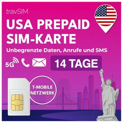 Abbildung von travSIM USA SIM Karte T Mobile Netz Unbegrenzte Daten, Anrufe &amp; Texte in den funktioniert auf iOS Android Geräten 14 Tage