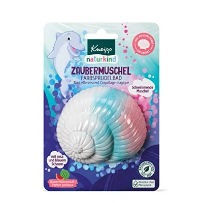 Abbildung von Kneipp naturkind Farbsprudelbad Zaubermuschel Badezusatz mit wertvollem Traubenkern &amp; Avocadoöl Schwimmende Muschel Duft nach Wassermelone für magischen Spaß in der Badewanne 1St.
