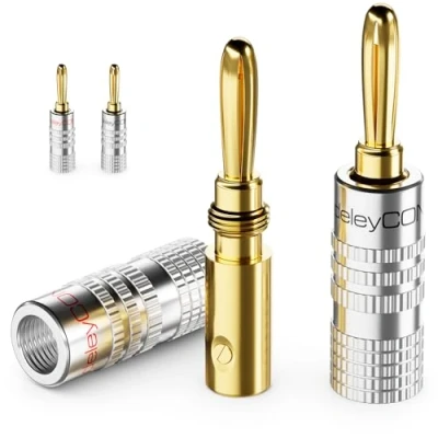 Abbildung von deleyCON 4 Stück Bananenstecker als Set Vergoldet Schraubbar für Lautsprecherkabel 0,75 mm 4,5 &amp; z.B. HiFi Receiver Silber