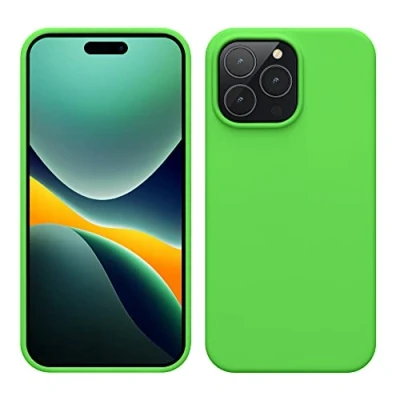 Abbildung von kwmobile Hülle für das iPhone 14 Pro Max dünnes Silikon Handy Case stoßfeste Handyhülle mit weicher Oberfläche unterstützt kabelloses Laden Limettengrün