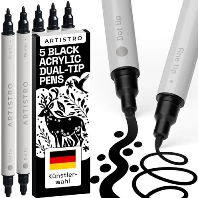 Abbildung von Artistro 5 schwarze Acrylstifte, Acrylfarbenmarker mit Doppelspitze (fein 1 mm + Punkt mm), Zeichenset, Marker für Textilien, Leinwand, Stein, Glas, Holz, Papier, Heimwerkerbedarf, Farbmarker