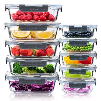 Abbildung von Igluu Meal Prep Glas Lebensmittel Frischhaltedosen 10 Stück, Lebensmittelbehälter mit Schnappverschluss &amp; auslaufsichern Deckel Mikrowellen geeignet BPA frei (10 Boxen Deckel) 1050ml 370ml