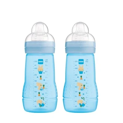 Abbildung von MAM Easy Active Trinkflasche im 2er Set (270 ml), Baby inklusive Sauger Größe 1 aus SkinSoft Silikon, Milchflasche mit ergonomischer Form, 0+ Monate, Hase