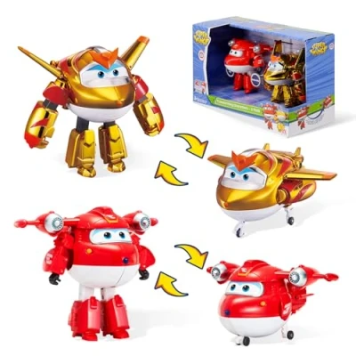 Abbildung von Mega Oyuncak Super Wings Saison 6 Figuren, Robots, verwandelbar, Cartoon Design, Jett SC + Golden Boy, Spielzeug für Kinder 3 4 5 7 8 Jahre (2 x 12 cm)