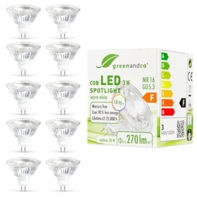 Abbildung von greenandco 10x CRI 90+ MR16 GU5.3 LED Spot, 3W 270 lm 38 2700K warmweiß COB 12V AC/DC, nicht dimmbar