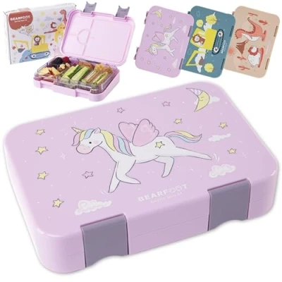 Abbildung von BEARFOOT Brotdose Kinder mit Fächern, BPA frei, Lunchbox, Bento box, Brotbox, Mädchen &amp; Jungen, Snackbox Trennfächern, Vesperbox für Kindergarten, Schule, groß (Lila Einhorn)