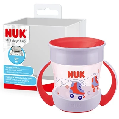 Abbildung von NUK Mini Magic Cup Trinklernbecher auslaufsicherer 360 Trinkrand ab 6 Monaten praktische Griffe BPA frei 160 ml rote Rollschuhe