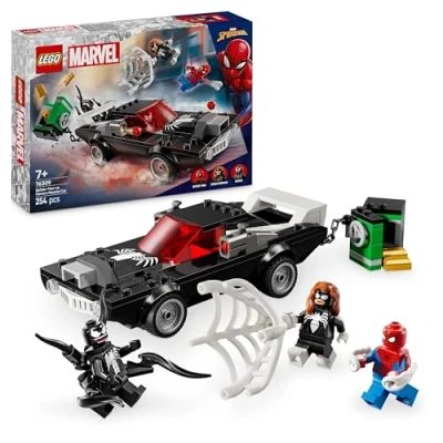 Abbildung von LEGO Marvel Spider Man Mech vs. Venom Muscle Car Auto Spielzeug mit 3 Superhelden Minifiguren Modellauto Shootern Geschenk für Jungen und Mädchen ab 7 Jahren 76309
