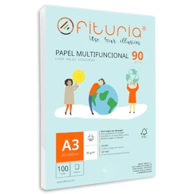 Abbildung von Packung mit 100 weißen DIN A3 Blättern, 90g Druckerpapier. Multifunktionales Kopierpapier für Schule und Büro. Ideal Laserdrucker, Tintenstrahldrucker oder Kopierer Ofituria