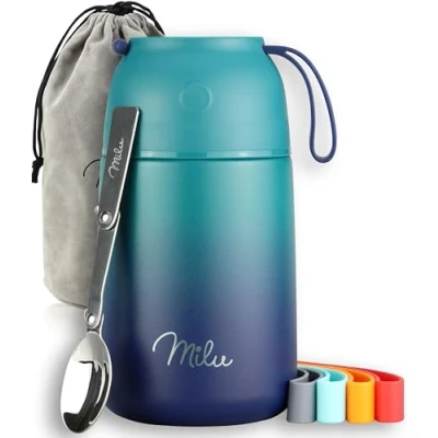 Abbildung von Milu® Thermobehälter für Essen 650ml, Edelstahl, Thermo Lunchbox, Suppenbehälter to go, Thermobox, Thermodose zum Warmhalten Suppen, Babybrei, Speisebehälter, breiwärmer unterwegs, Grün Blau 650ml