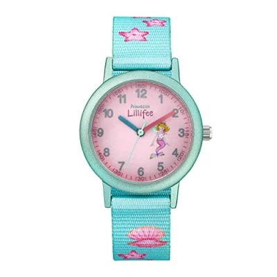 Abbildung von Prinzessin Lillifee Armbanduhr Mädchen Kinder Quarzuhr Analog, mit Textil Armband, Türkis, 3 bar Wasserdicht, Kommt in Uhren Geschenk Box, 2031754