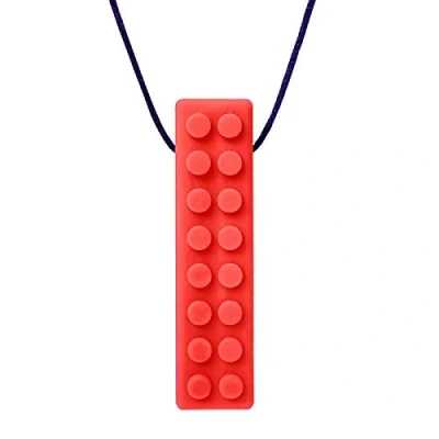 Abbildung von ARK® Kauhalskette in verschiedenen Stärken mit einstellbarer Abreißleine und ATC Pflegeanleitung Sensory Halskette, Beißblock, Kauen, Zahnen, Autismus Brick texturiert weich rot