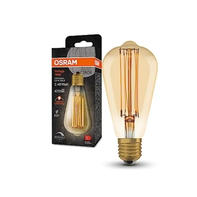 Abbildung von OSRAM Vintage 1906 LED Lampe mit Gold Tönung, 5,8W, 470lm, Edison Form 64mm Durchmesser &amp; E27 Sockel, warmweiße Lichtfarbe, gerades Filament, dimmbar, bis zu 15.000 Stunden Lebensdauer