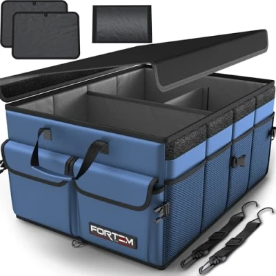 Abbildung von FORTEM Kofferraum Organizer, Kofferraumtasche, Zusammenklappbarer Auto Organizer mit Fächern, Rutschfester Boden, Verstellbare Sicherungsriemen, Klappbarer Deckel (Blau, Standard)