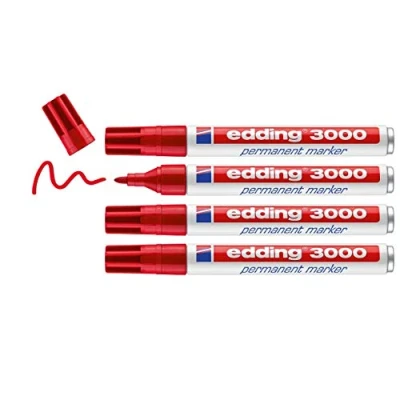 Abbildung von edding 3000 Permanentmarker rot 4 Stifte Rund Spitze 1,5 3 mm schnell trocknender Permanent Marker wasserfest, wischfest für Karton, Kunststoff, Holz, Metall Universalmarker
