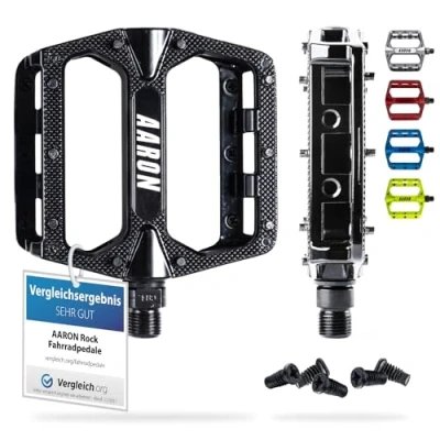 Abbildung von AARON Rock MTB Pedale aus Alu mit abgedichteten Industrie Kugellager, rutschfest durch austauschbare Pins, Plattform Fahrradpedale für E Bike, BMX, Trekking, schwarz