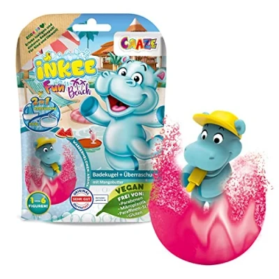 Abbildung von INKEE FUN BEACH Badekugel Kinder Mit Überraschung, Badebombe Hippo Stempel, Mangobutter &amp; Wassermelone Duft