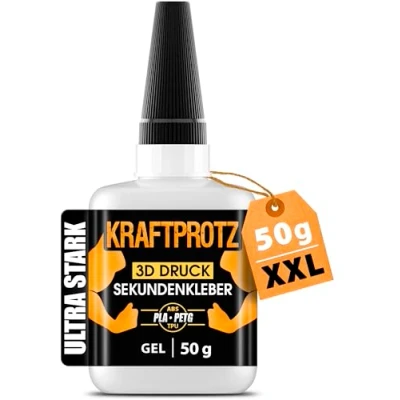 Abbildung von 50 g 3D DRUCK Sekundenkleber extra stark Inkl. Anti Austrocknung Spitze KRAFTPROTZ Dickflüssiger Superkleber Wasserfest PLA Kleber, ABS PETG Kleber &amp; TPU