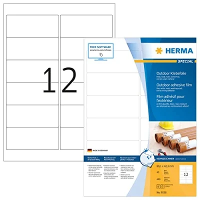 Abbildung von HERMA 9538 Wetterfeste Folienetiketten, 40 Blatt, 99,1 x 42,3 mm, 12 pro A4 Bogen, 480 Stück, selbstklebend, bedruckbar, matt, blanko Outdoor Klebeetiketten Aufkleber aus Polyethylen, weiß