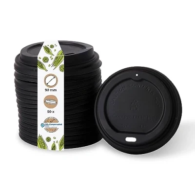 Abbildung von BIOZOYG Coffee To Go Deckel für Trinkbecher Ø 90mm I 50 Pappbecher aus CPLA Biokunststoff 100% biologisch abbaubar, kompostierbar, recycelbar Trinkloch Becherdeckel flach schwarz