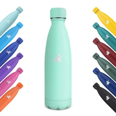 Abbildung von KollyKolla Thermosflasche Kinder, Trinkflasche Edelstahl 500ml, Kohlensäure Geeignet, BPA frei Isolierflasche, Auslaufsicher Thermoskanne, Wasserflasche für Fitness, Schule, Sport, Sprudel Blaugrün