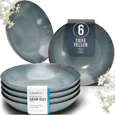 Abbildung von Steingut Suppenteller 6 Pers. Rustic Hochwertiges Landhausstil TEST SEHR GUT Tiefe Teller Set Kratzfest, Für Spülmaschine, Mikrowelle Pasta Tief Groß Pure Living Geschirr in Rauchblau