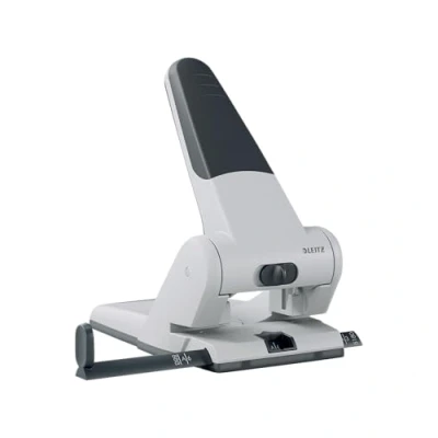 Abbildung von Leitz Extrastarker Registraturlocher aus Metall, für 65 Blatt, Großer Locher das Büro, Anschlagschiene mit Formatangaben, Ergonomisches Design, schwarz, 51800084