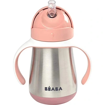 Abbildung von BÉABA Trinklernbecher 2 in 1 Babyflasche Kindertasse mit Strohhalm 100% dicht Leicht zu öffnen Abnehmbare Griffe Tritan und Silikon 250 ml Rosa