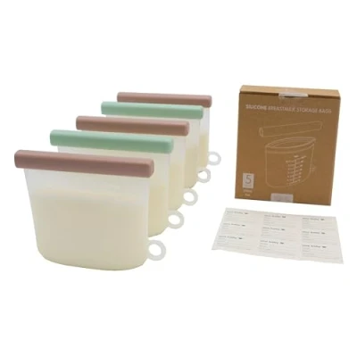 Abbildung von Silikon Aufbewahrungsbeutel für Muttermilch, wiederverwendbar, BPA frei, lebensmittelechtes Silikon, 210 ml, doppelt versiegelt, um Auslaufen zu verhindern, selbststehend, 5 Stück