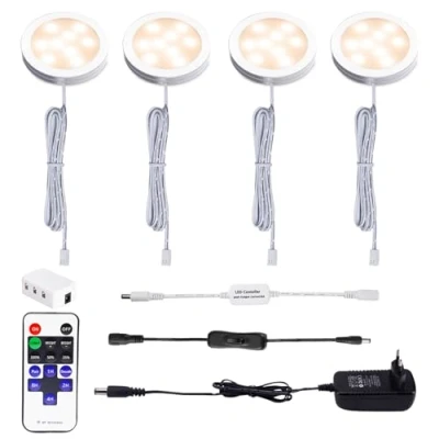 Abbildung von AIBOO LED Schrankleuchten 4er Komplettset, Unterbauleuchten mit Fernbedienung, Küchenlampen Vitrinenbeleuchtung Warmweiß 2700K, Unterbauleuchte Set Inklusiv alle Zubehör