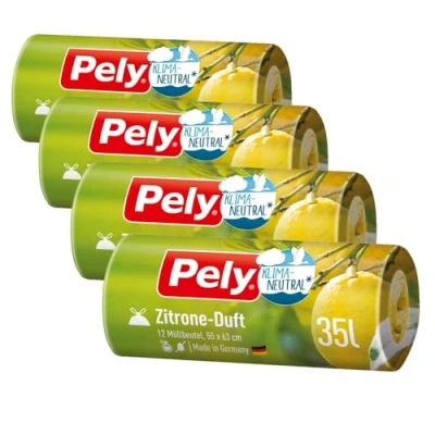 Abbildung von Pely Zugband Müllbeutel mit Zitronen Duft Vorteilspack (4 x 12 Stück), gelb, für die Entsorgung von Restabfall (35 Liter) angenehmen
