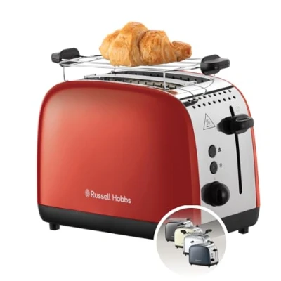 Abbildung von Russell Hobbs Toaster [für 2 Scheiben] Colours Plus Edelstahl Rot (extra breite Toastschlitze, inkl. Brötchenaufsatz, 6 Bräunungsstufen + Auftaufunktion, Lift &amp; Look Funktion, 1600W) 26554 56