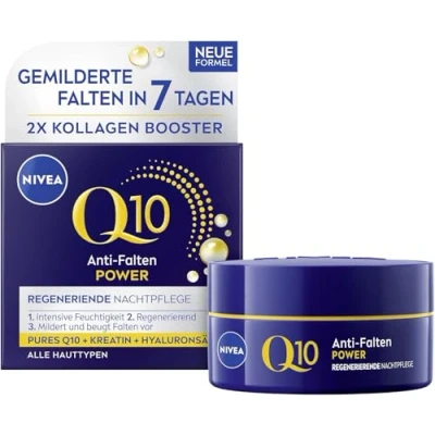 Abbildung von NIVEA Q10 Anti Falten POWER Regenerierende Nachtpflege, straffende Gesichtspflege für alle Hauttypen, Nachtcreme mit purem Q10, Kreatin &amp; Hyaluronsäure (50 ml)