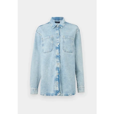 Abbildung von Noisy may Damen Jeansjacke Oversize Denim Übergangsjacke Dropped Shoulder Shacket Bleached Design, Farben:Hellblau, Größe:S
