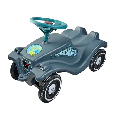 Abbildung von BIG Bobby Car Classic Eco Rutschauto ab 1 Jahr aus Recycling Material mit Lenkrad und Hupe, für Kinder von 5 Jahre (bis 50 kg), Anthrazit bunten Aufklebern