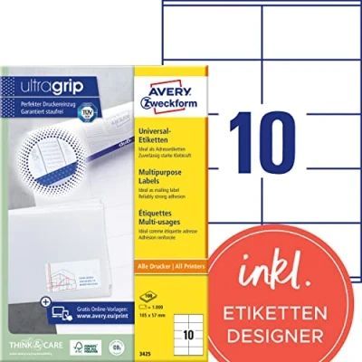 Abbildung von AVERY Zweckform 3425 Adressaufkleber (1.000 Klebeetiketten, 105x57mm auf A4, Papier matt, individuell bedruckbare Absenderetiketten, selbstklebende Adressetiketten mit ultragrip) 100 Blatt, weiß