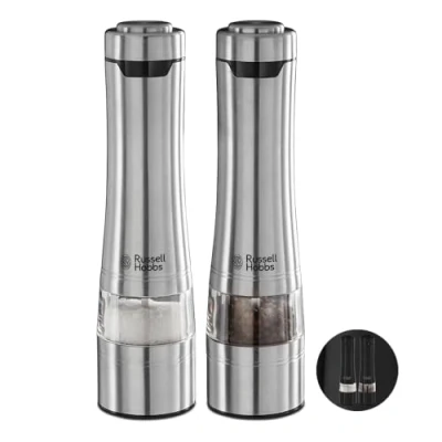 Abbildung von Russell Hobbs Salz und Pfeffer Mühle elektrisch [2er Set] Edelstahl (Keramikmahlwerk für getrocknete Gewürze &amp; Kräuter, Mahlgrad einstellbar fein bis grob, LED Beleuchtung) Gewürzmühlen 23460 56