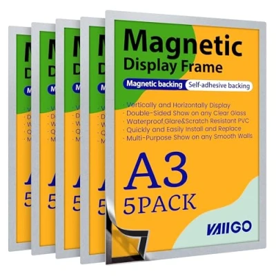 Abbildung von VAIIGO Magnetrahmen A3, Selbstklebend magnetische Bilderrahmen, Mit Magnetverschluss für Informationsrahmen, Durable Magnetic Frame Restaurants&amp; Büros &amp; Shops (Silber, 5 Stück)