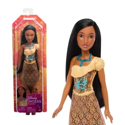Abbildung von Disney Prinzessin Spielzeug, bewegliche Pocahontas Modepuppe mit glitzernder Kleidung und Accessoires, inspiriert vom Film, Geschenk für Kinder, HLW07