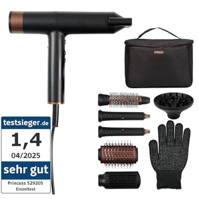 Abbildung von Princess Airstyler Pro, 7 in 1 Stylingtool, 3 Heiz &amp; Geschwindigkeitsstufen, Ionenfunktion, Coolshot, 1,8m Kabel, Reisetasche, Aufsätze, Hitzeschutzhandschuh, BLDC Motor, 2000 W, 01.529205.01.001
