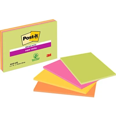 Abbildung von Post it Super Sticky Large Notes, Packung mit 4 linierten Blöcken, 45 Blatt pro Block, 152 mm x 101 mm, Farben: Grün, Gelb, Orange, Pink, Haftnotizen für Notizen, To Do Listen und Erinnerungen