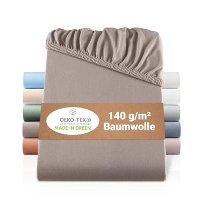 Abbildung von BaSaTex Bio Jersey Spannbettlaken 140x200 cm Spannbetttuch aus 100% Baumwolle GOTS Zertifiziert 160x200 Farbe: Taupe