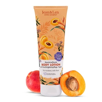 Abbildung von Jean &amp; Len Hautstraffende Body Lotion Aprikosenkernöl Q10, für trockene reife Haut, verleiht bei regelmäßiger Anwendung geschmeidig glatte ohne Parabene Silikone, Bodylotion vegan, 250 ml