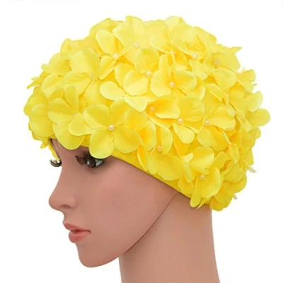 Abbildung von medifier Vintage Blumenmuster Retro Badekappe Badehaube für Damen, gelb