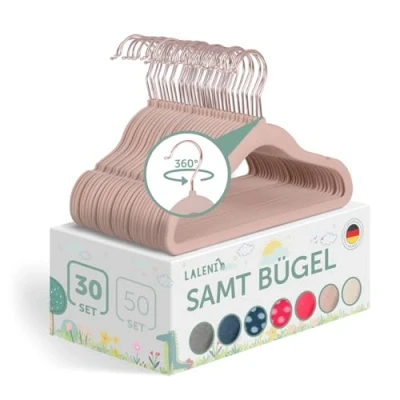Abbildung von Laleni Kinderkleiderbügel 30 Stück mit Samtbezug platzsparende Kleiderbügel Kinder 360 drehbare rutschfeste samt Rosegold &amp; Puderrosa