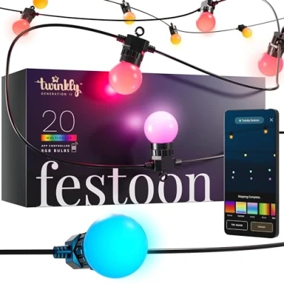 Abbildung von Twinkly Festoon 20 LED RGB, Lichterkette mit Lampen, Mehrfarbige RGB Außen und Innenbeleuchtung, Kompatibel Alexa, Google Home, Gaming Lichter, IP44, App Steuerung, Schwarzes Kabel, 10m