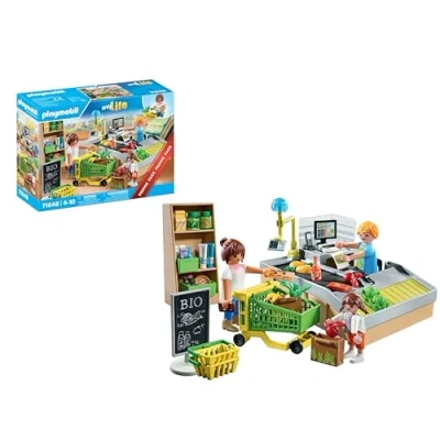 Abbildung von PLAYMOBIL MyLife Promo Pack 71648 Bio Supermarkt, inklusive Kasse mit Warenlaufband, Einkaufswagen und DREI Figuren, detailreiches Spielzeug für Kinder ab 4 Jahren